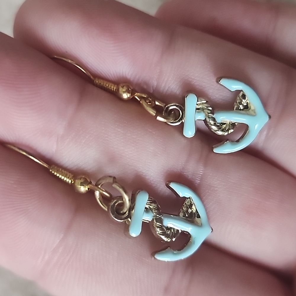 Gold and Blue Anchor Earrings